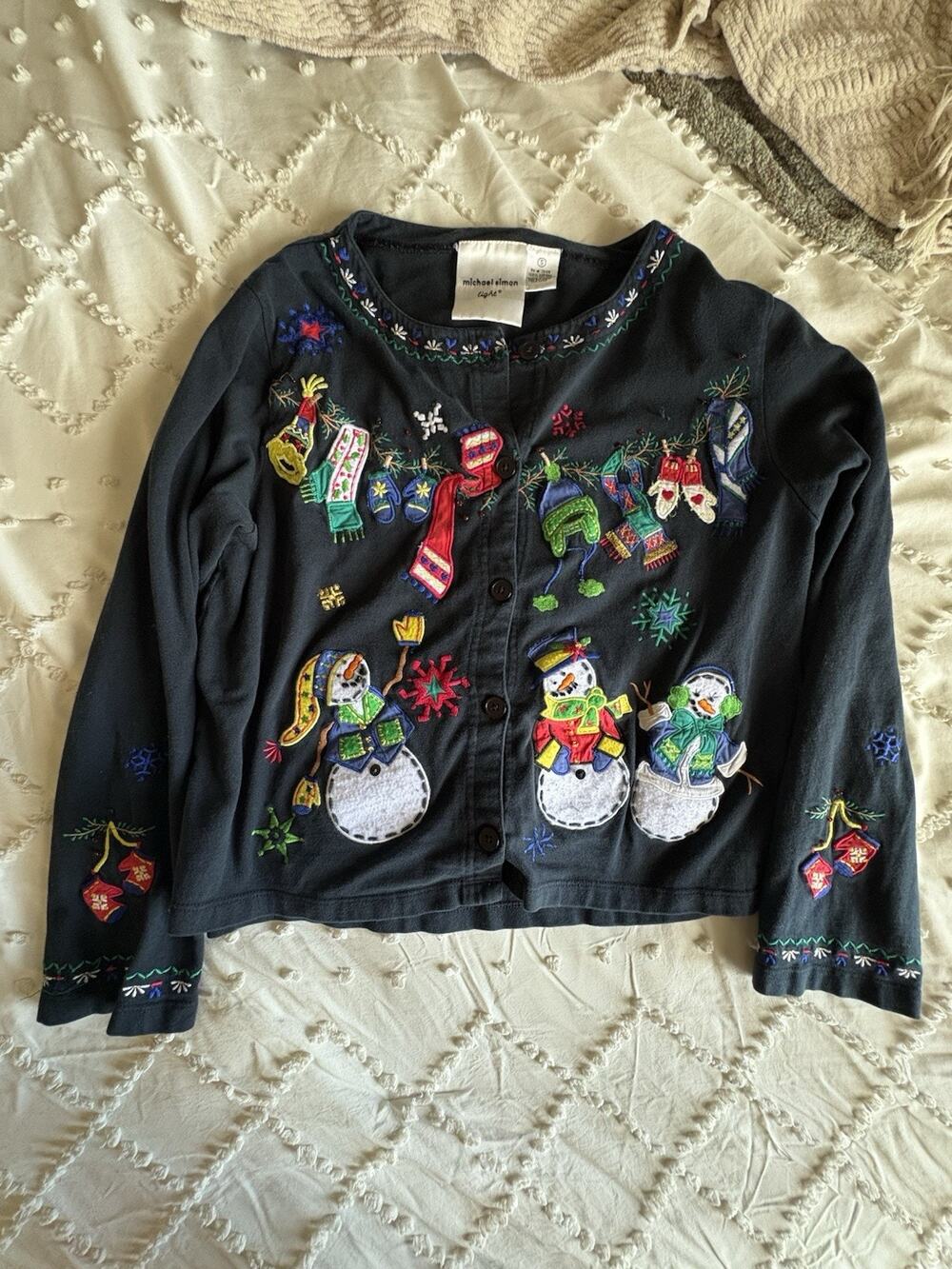 Michael Simon Light Vintage Christmas Small Snowman Embroidered Holiday Sweater